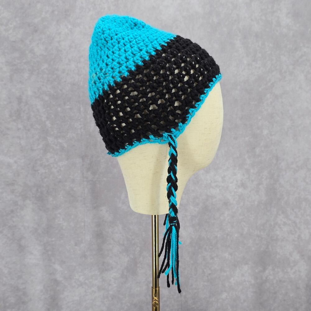 Blue Black Braid Pom Pom Tassel Crochet Funky Knit Bucket Cap Hat Beanie‎